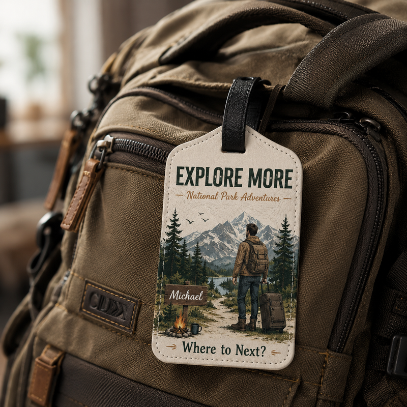 Adventure Luggage Tag Explore More - Hiking Gift | Mountain Travel Gear Wedding Favor Saffiano PU Leather