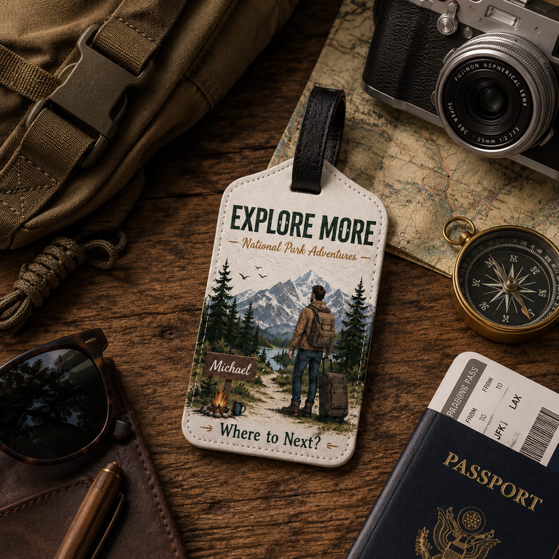 Adventure Luggage Tag Explore More - Hiking Gift | Mountain Travel Gear Wedding Favor Saffiano PU Leather