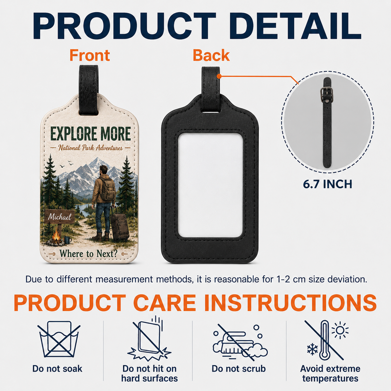 Adventure Luggage Tag Explore More - Hiking Gift | Mountain Travel Gear Wedding Favor Saffiano PU Leather