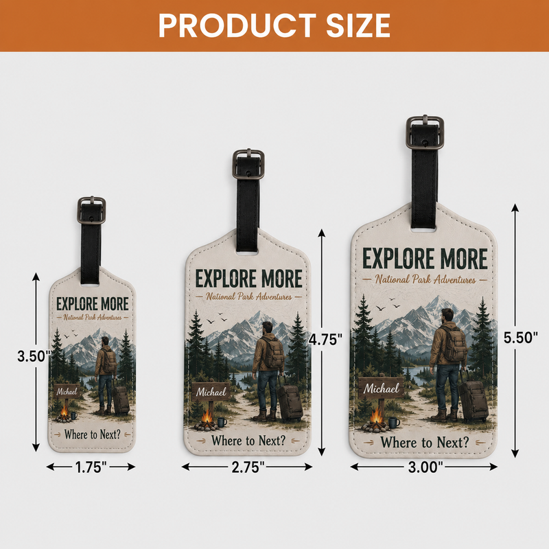 Adventure Luggage Tag Explore More - Hiking Gift | Mountain Travel Gear Wedding Favor Saffiano PU Leather