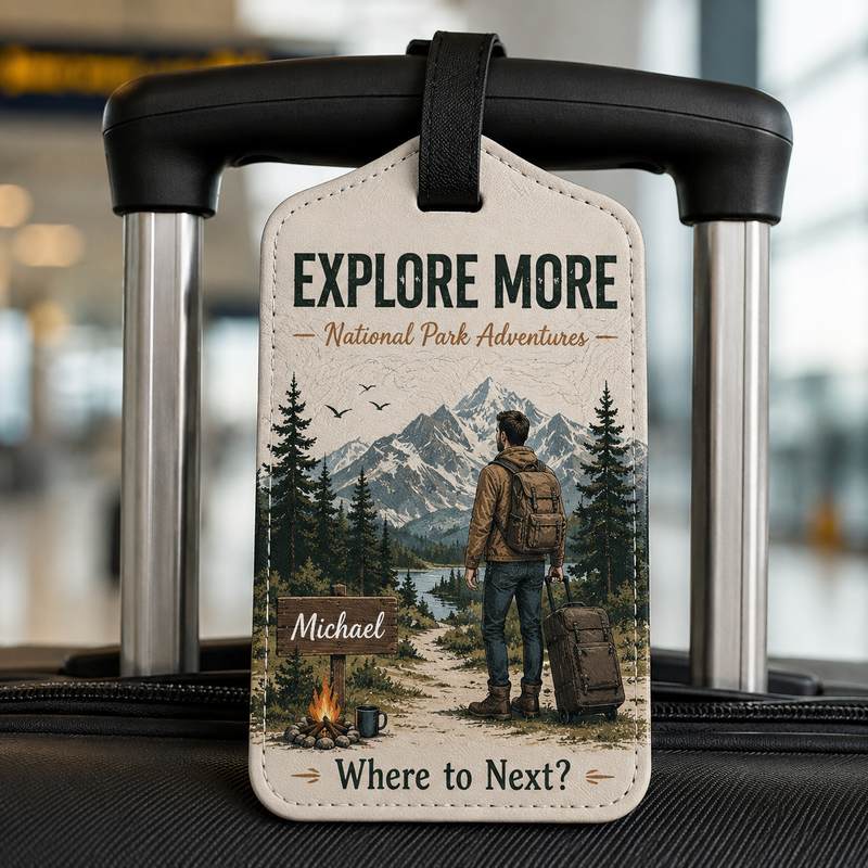 Adventure Luggage Tag Explore More - Hiking Gift | Mountain Travel Gear Wedding Favor Saffiano PU Leather
