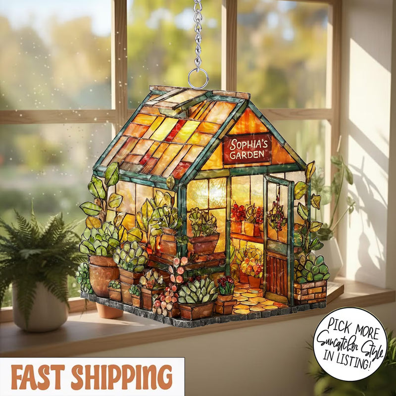 Personalized Name Greenhouse Acrylic Suncatcher, Plant Ornament, Gift for Plantaholic, Plant Lovers Gift